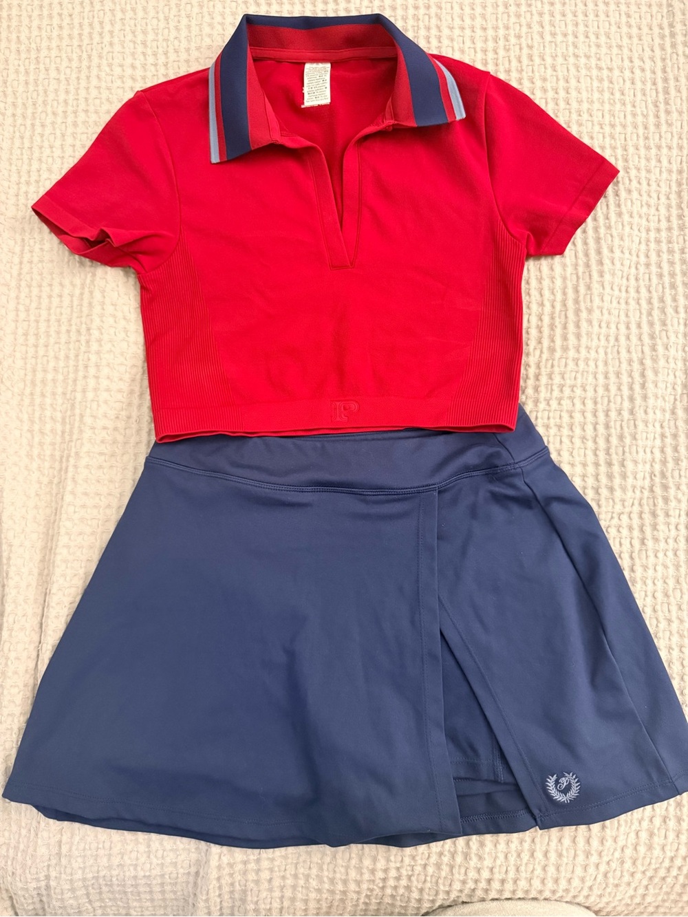 PINK Victoria's Secret burgundy Polo Crop Top with Navy Skirt Set